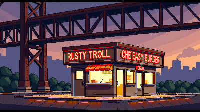 The Rusty Troll key art — a greasy pixel burger shack glowing under a rusty steel bridge at dusk