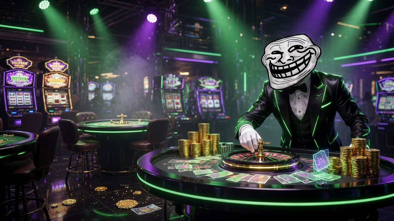 Troll Casino key art — a trollface dealer leaning over a glowing roulette table