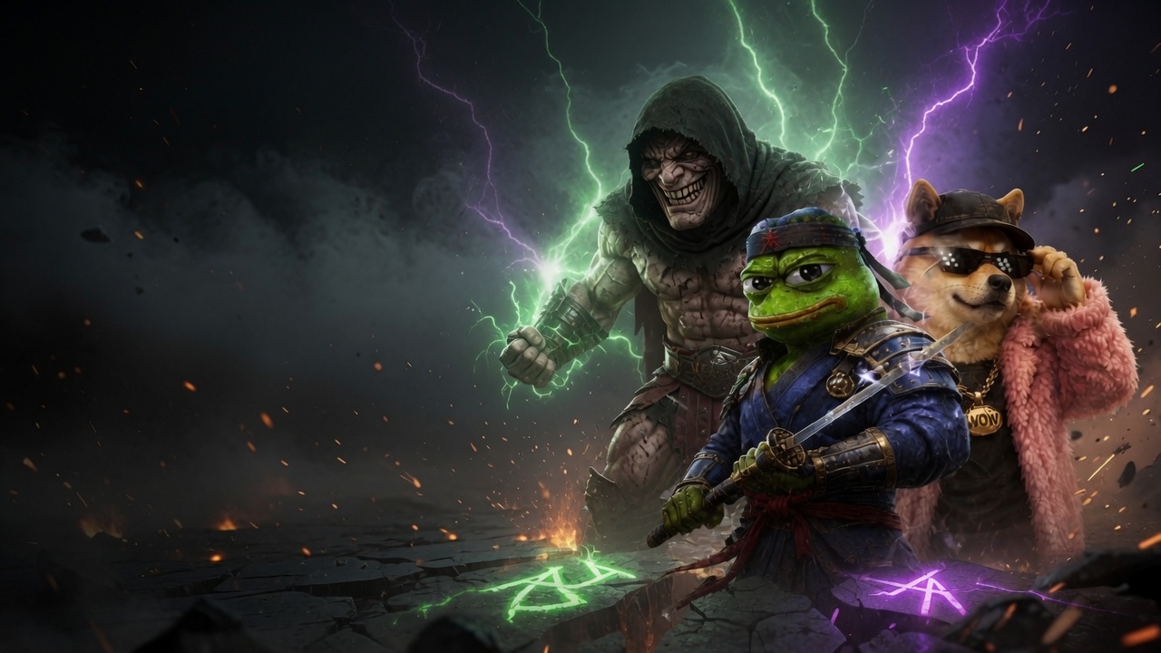Troll Kombat key art — Pepe, the gladiator trollface, and Doge facing off