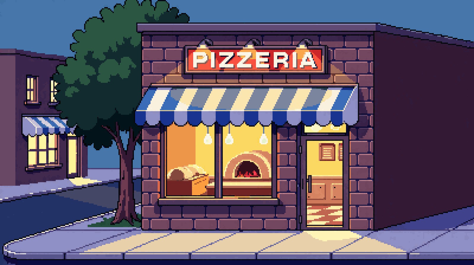Papa Troll's Pizzeria key art — a glowing pixel pizzeria storefront at dusk
